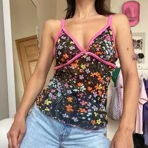 Vintage Y2K Mesh Floral Patterned Camisole Tank Top with Pink Contrast Trim